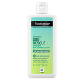Neutrogena Sun Rescue After Sun Lotion packaging highlights vegan, non-comedogenic formula.