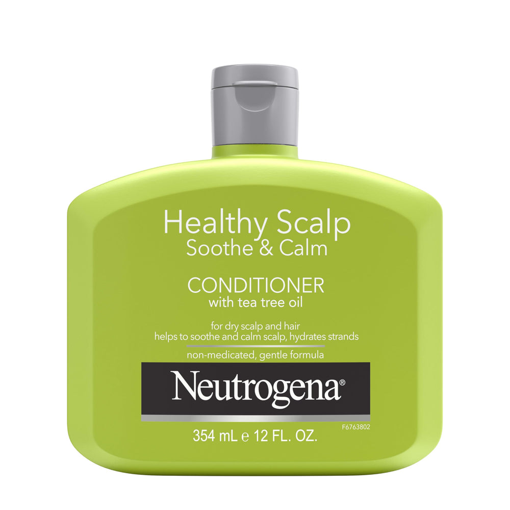 Neutrogena Tea Tree Oil Conditioner bottle pour demonstrates easy application for scalp soothing.