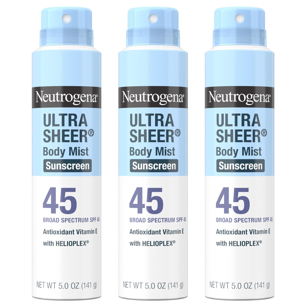 Neutrogena Ultra Sheer Body Mist SPF 45 3-pack bundle for easy coverage.