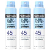 Neutrogena Ultra Sheer Body Mist SPF 45 3-pack bundle for easy coverage.
