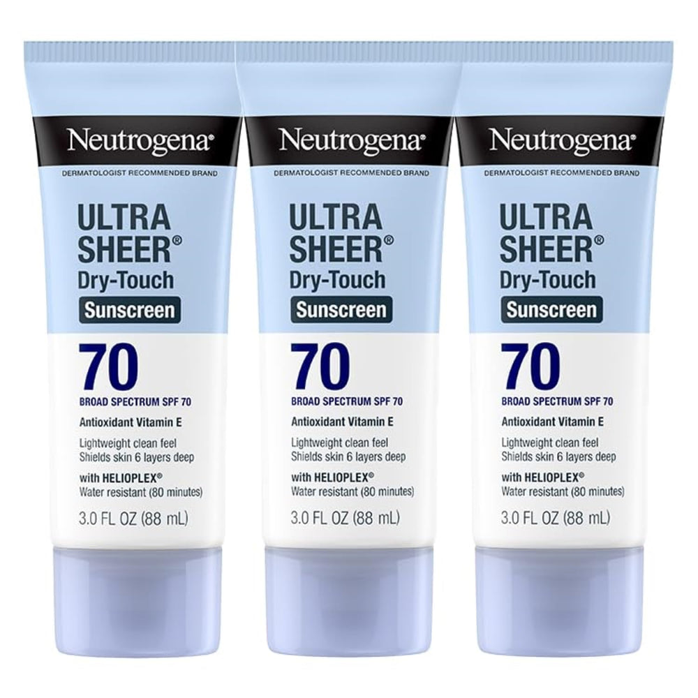 Neutrogena Ultra Sheer SPF 70 packaging shows travel-size protection for on-the-go sun care.