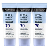 Neutrogena Ultra Sheer SPF 70 packaging shows travel-size protection for on-the-go sun care.