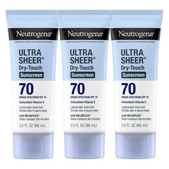 Neutrogena Ultra Sheer SPF 70 packaging shows travel-size protection for on-the-go sun care.