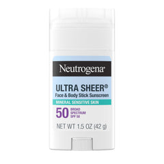 Neutrogena Ultra Sheer Mineral Sunscreen Stick on face and body, SPF 50 protection.