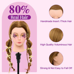 Neverland blonde mannequin head shows hair length for cut and curl practice.