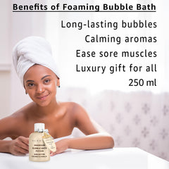 Foamy bubbles from New Miuz bath creating thick lather for a soothing soak