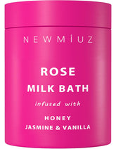 New Miuz calming rose coconut milk bath bottle pour promotes relaxing aromatherapy.