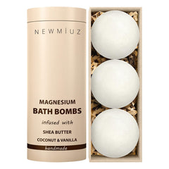 New Miuz magnesium bath bomb vanilla closeup highlights a relaxing aroma.