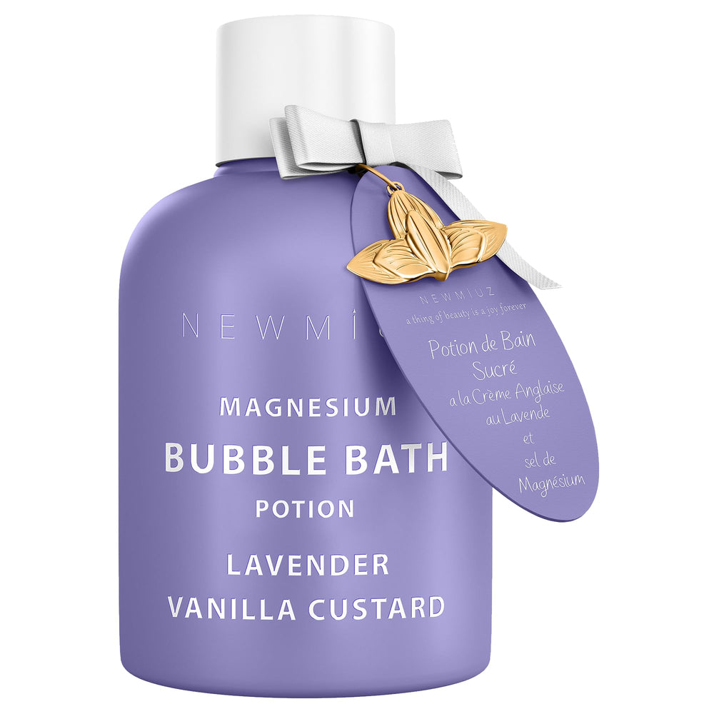 New Miuz Magnesium Bubble Bath Lavender Vanilla bottle for spa-like relaxation.