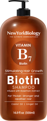 New York Biology Biotin Shampoo bottle front showing growth-supporting formula.
