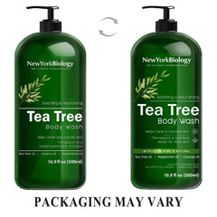 New York Biology Tea Tree Body Wash bottle-top view highlighting purity and aroma