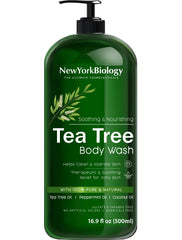 New York Biology Tea Tree Body Wash label closeup emphasizing clean ingredients