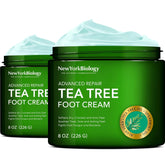 New York Biology Tea Tree Foot Cream bottle front demonstrates hydrated feet and soothing care.