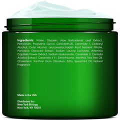 New York Biology Tea Tree Foot Cream ingredients closeup shows natural, quality components for irritated skin.