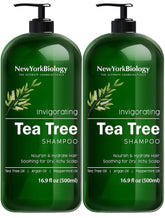 New York Biology Tea Tree Shampoo bottle front shows refreshing cleansing for scalp comfort.