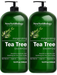 New York Biology Tea Tree Shampoo bottle front shows refreshing cleansing for scalp comfort.