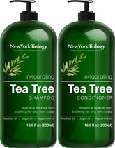 New York Biology Tea Tree Shampoo bottle demonstrates refreshing scalp care for dandruff relief.