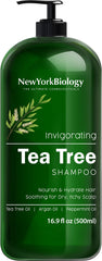 New York Biology Tea Tree Shampoo bottle highlighting therapeutic formula for dry scalp relief.