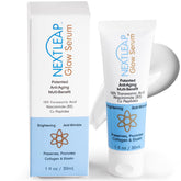Next Leap Glow Serum bottle front showing premium anti aging formula for firmer, smoother skin.