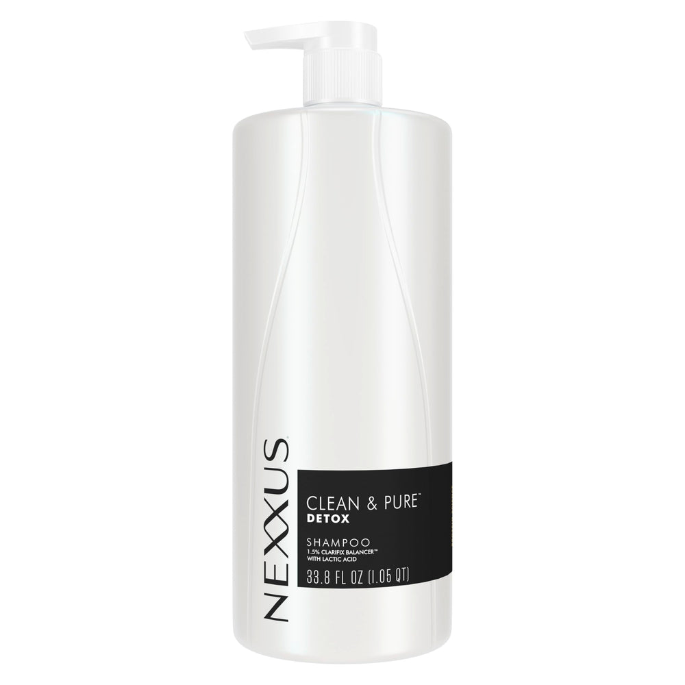 Nexxus Clean & Pure clarifying shampoo bottle showing detox power for refreshed hair