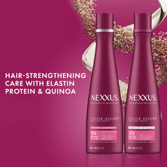 Nexxus Color Assure protein-blend ingredients closeup; replenishes amino acids after coloring.