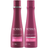 Nexxus Color Assure shampoo bottle pour demonstrates color protection for vibrant hair.