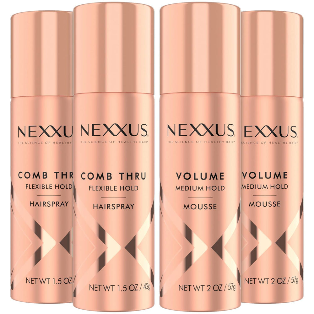 Nexxus Comb Thru travel hairspray bottle showing light brushable hold for on-the-go looks.