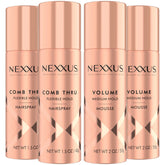Nexxus Comb Thru travel hairspray bottle showing light brushable hold for on-the-go looks.