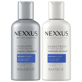 Nexxus Therappe travel-size shampoo bottle shows lasting moisture for dry hair.