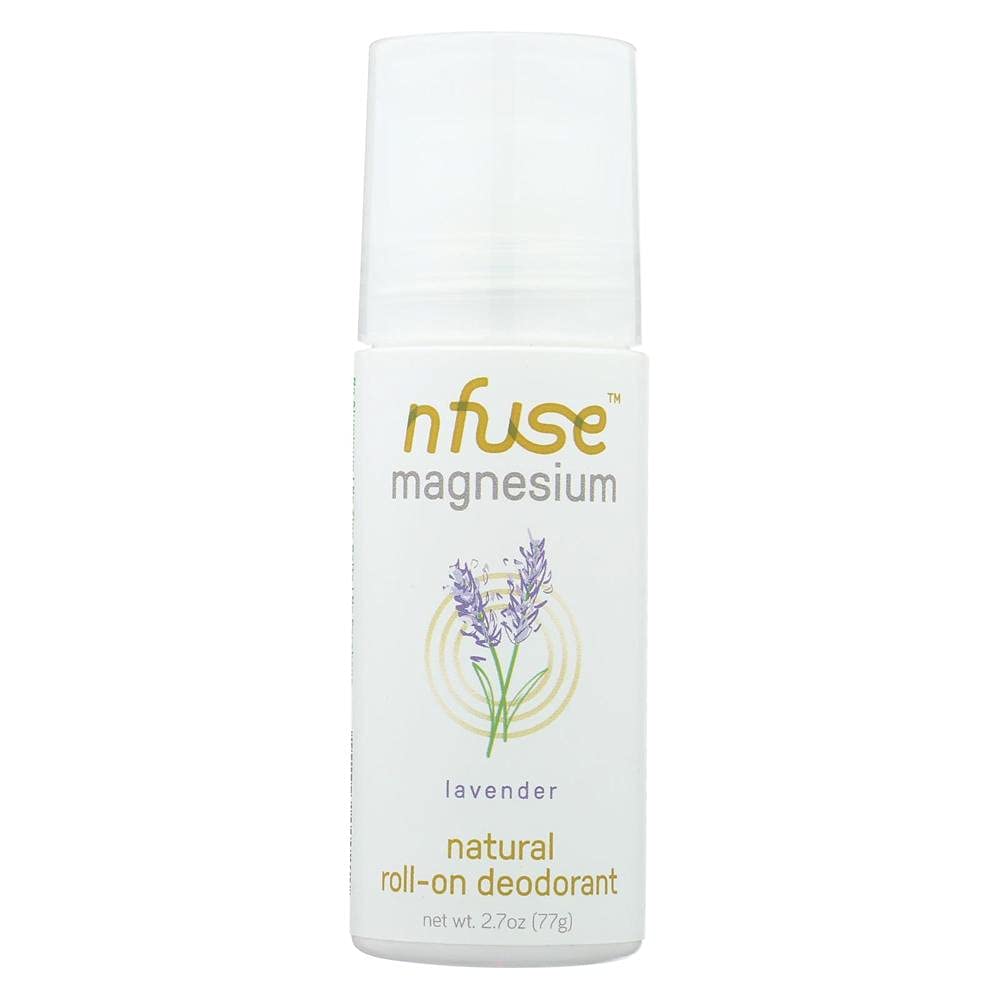 nfuse magnesium deodorant lavender roll-on bottle highlights calming aroma and all-day odor protection.