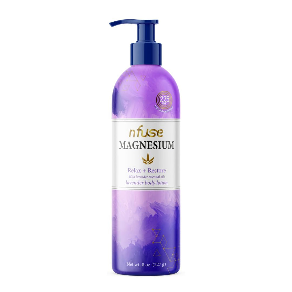 nfuse magnesium lotion bottle with lavender for relaxing skin and mild muscle comfort.
