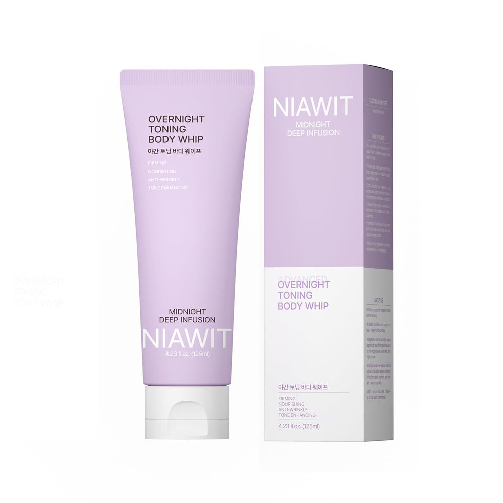 NIAWIT Overnight Toning Body Whip bottle closeup showcasing hydrating, non-greasy formula.