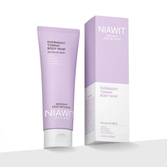 NIAWIT Overnight Toning Body Whip bottle showing a nighttime firming and hydrating routine.