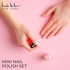 Nicole Miller New York mini nail polish bottle-cap closeup shows portable 4.5ml bottles for on-the-go touch-ups.