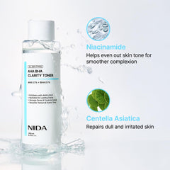 NIDA Clarity Toner texture swirl highlights lightweight, non-sticky finish for daily use