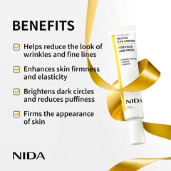 NIDA Revive Eye Cream application closeup demonstrates fast-absorbing, non-greasy texture.