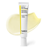 NIDA Revive Eye Cream bottle shows a hydrating, skincare-forward formula.