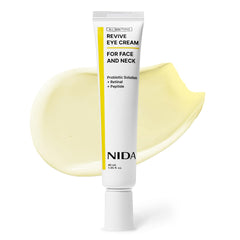 NIDA Revive Eye Cream bottle shows a hydrating, skincare-forward formula.