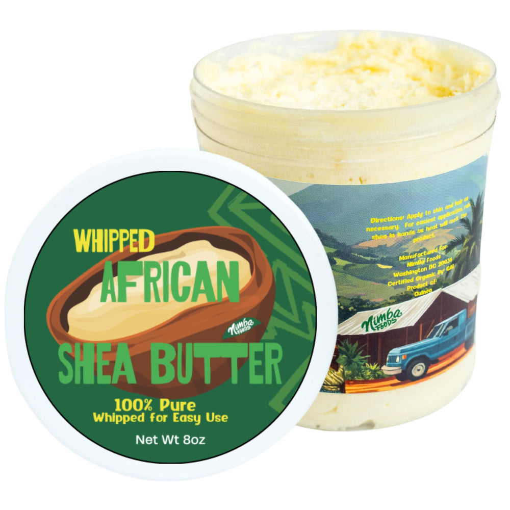 Nimba Foods Whipped Shea Butter close-up shows a fluffy texture for smooth application.