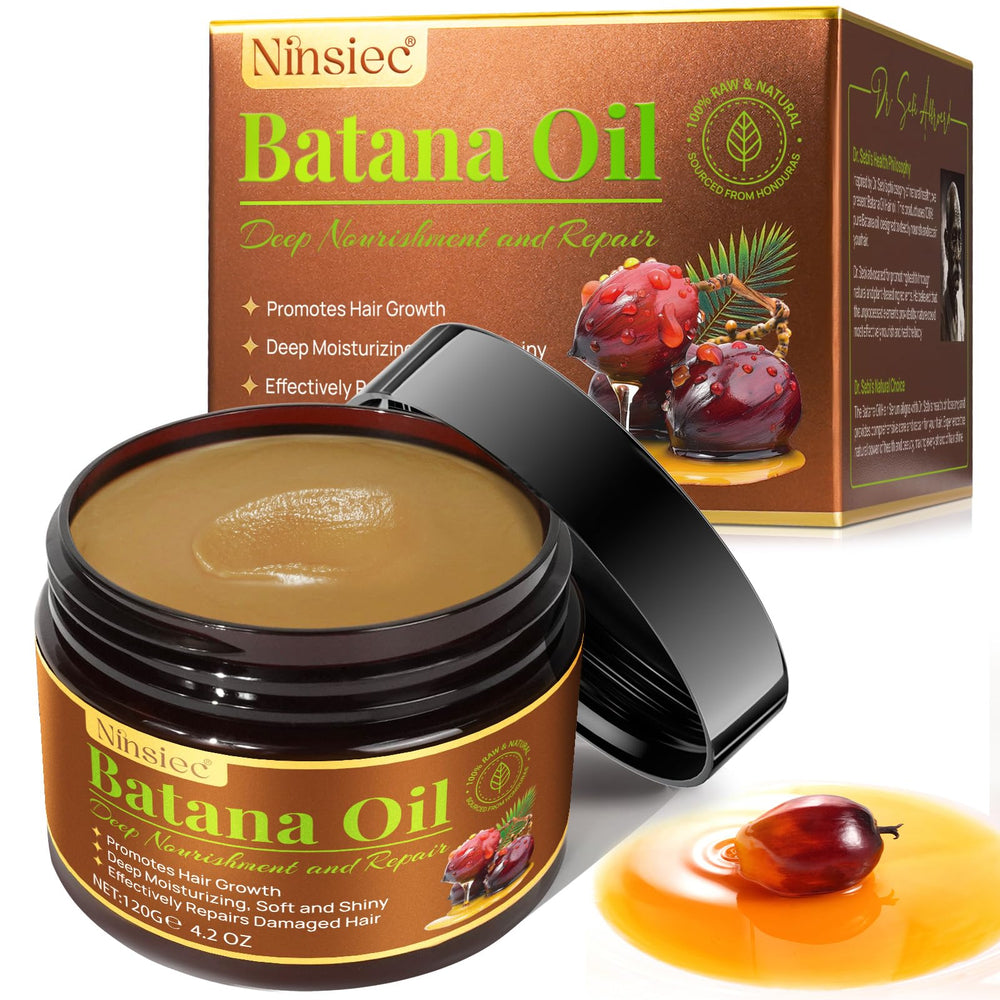 Ninsiec Batana Oil bottle close-up for hair strengthening and hydration.
