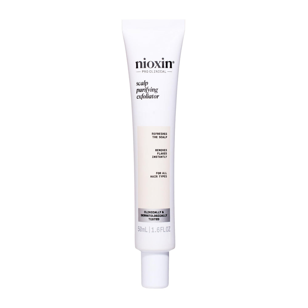 NIOXIN front packaging showing exfoliator and clear product benefits