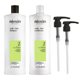 Nioxin front packaging showing both System 2 bottles and pumps promoting professional size
