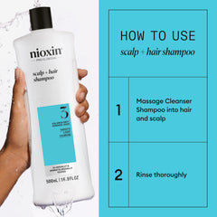 Nioxin System 3 bottle beside color-treated hair illustrating safe cleansing and color protection