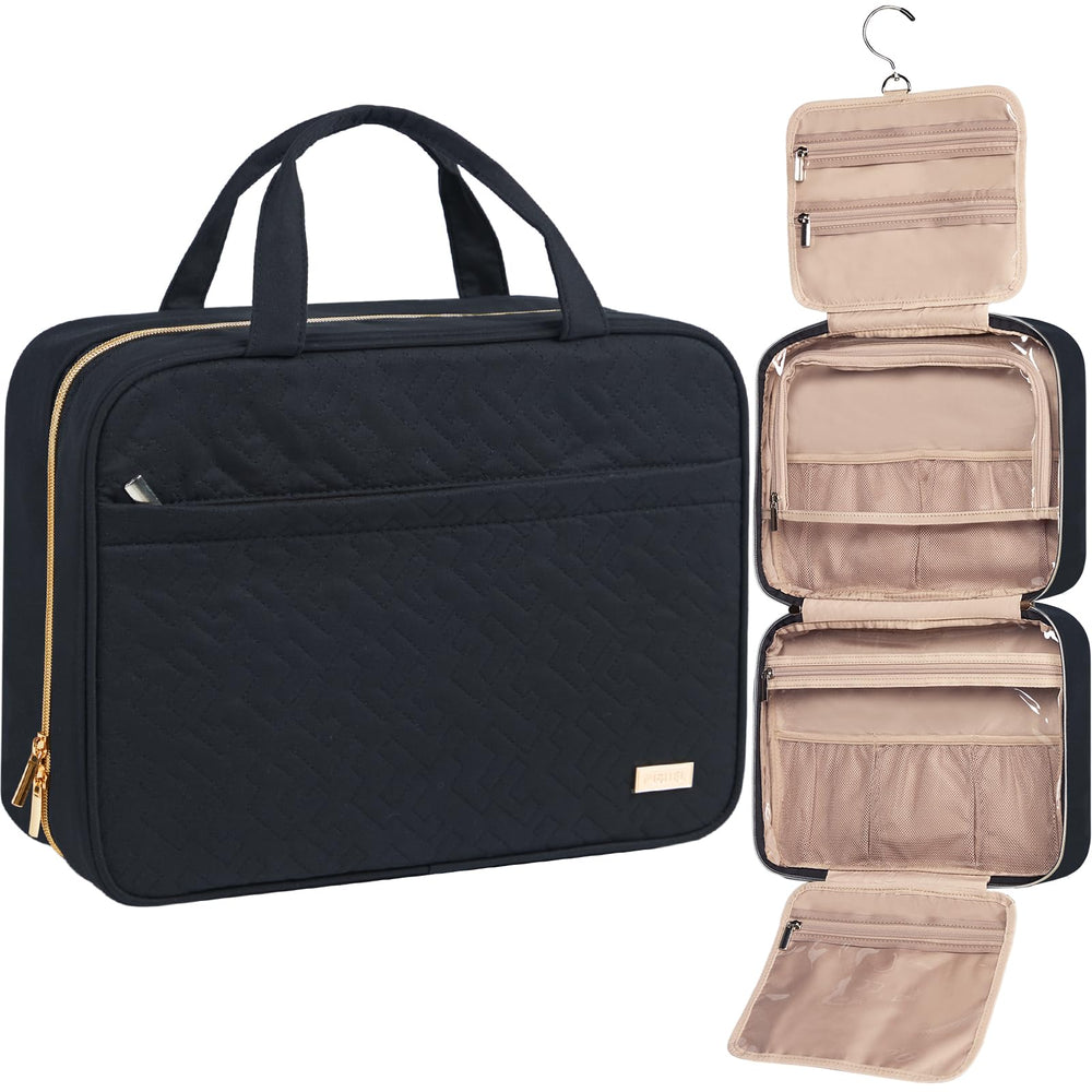 NISHEL travel toiletry bag hanging setup shows roomy interior for family essentials and easy access.