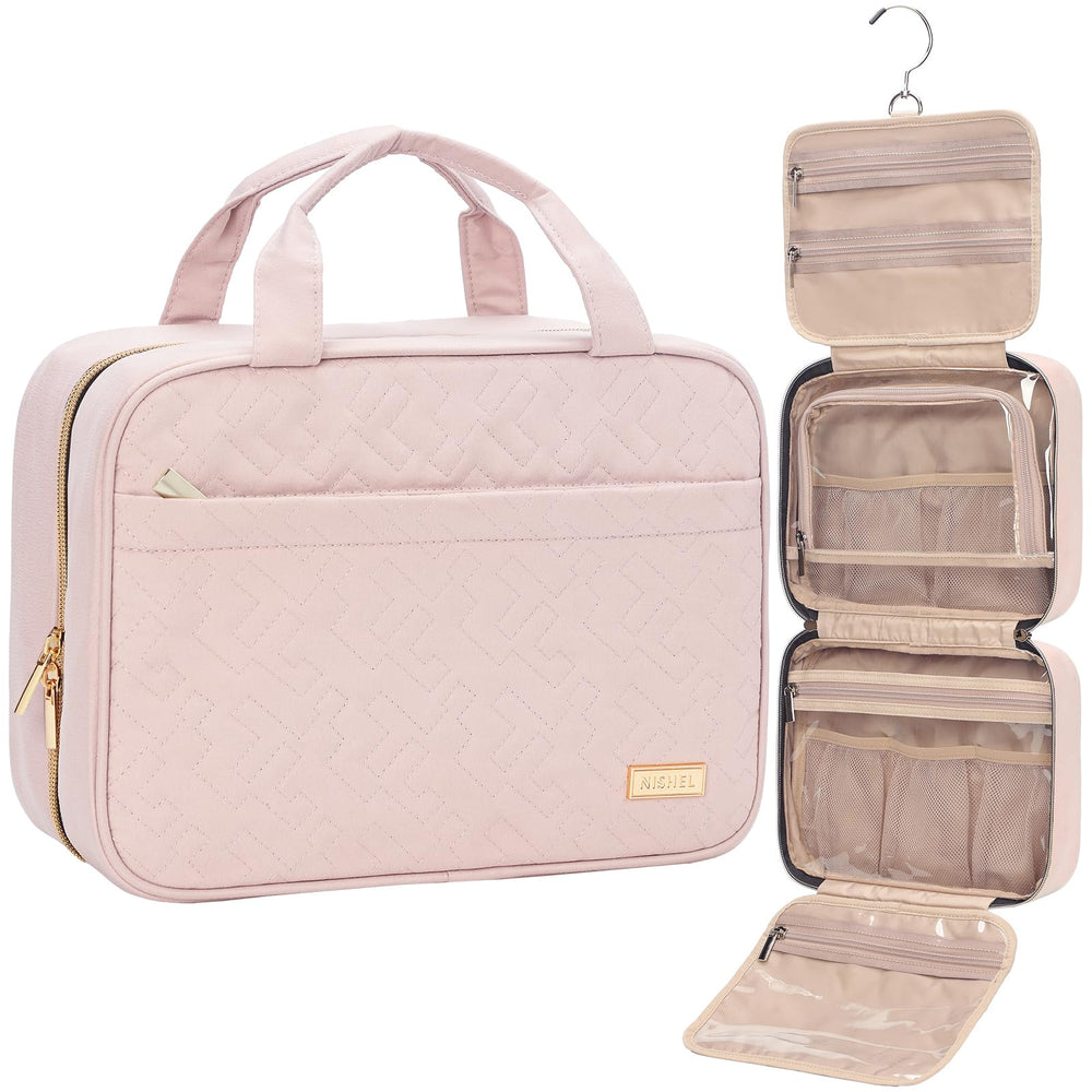 NISHEL travel toiletry bag pink side view for compact packing and easy travel