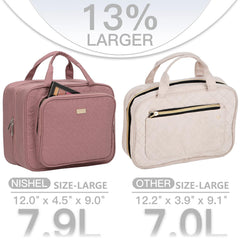 NISHEL travel toiletry bag rosewood-pink open view shows spacious interior.