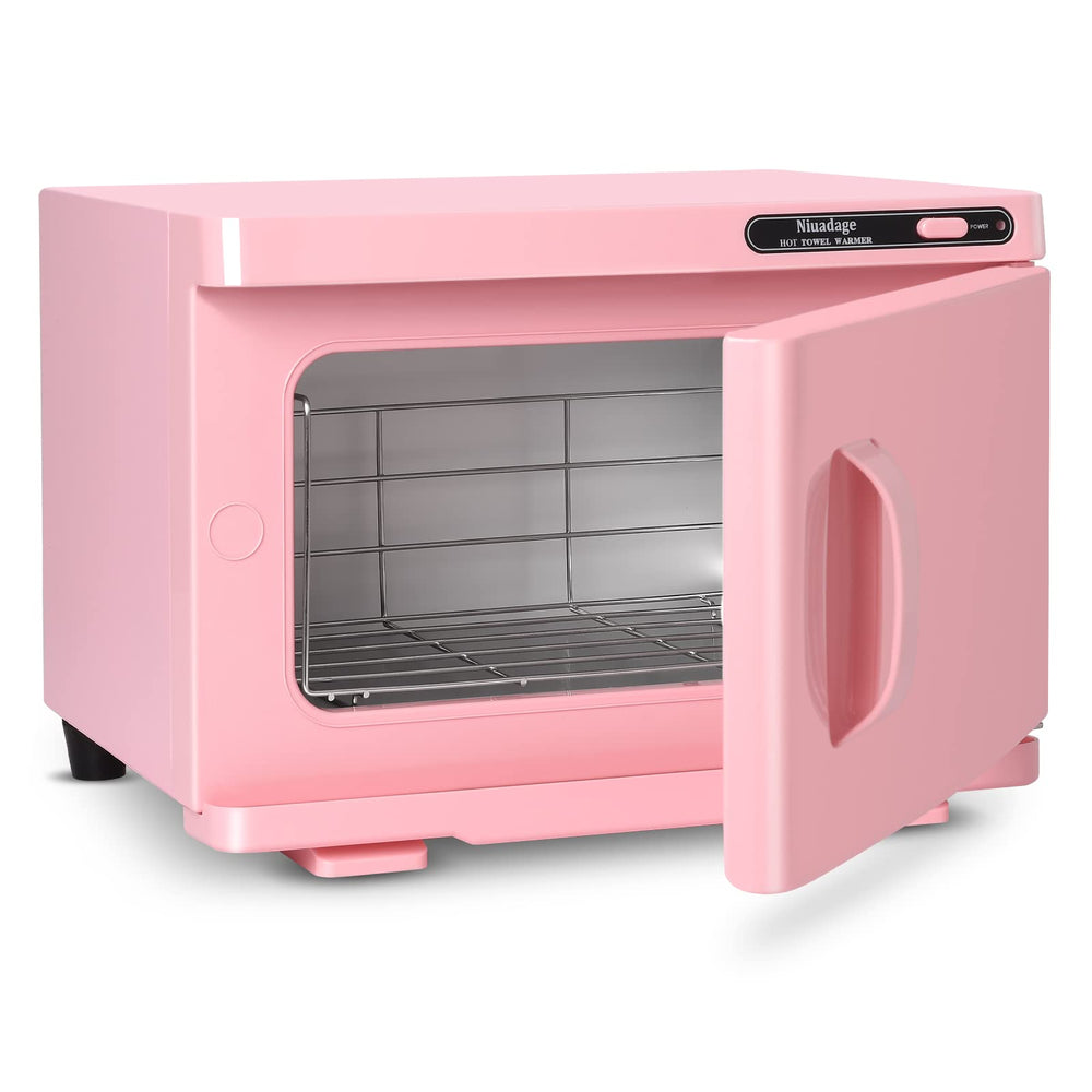 Niuadage 8L towel warmer cabinet front pink delivers spa-grade warmth for towels during sessions.