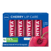 NIVEA Cherry Lip Care four-pack for all-day hydration and color.
