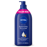 NIVEA front pump bottle showing almond oil formula and large value size benefit