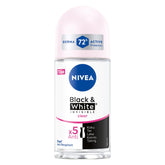 NIVEA Invisible for Black & White roll-on bottle on bathroom shelf offers clear protection